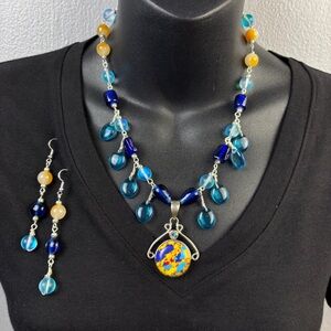 Handmade Necklace Earrings Set Quartz & Glass 925 Silver Mosaic Jasper Pendant